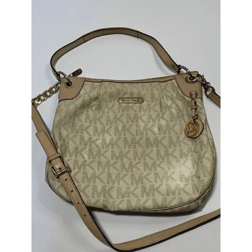 Michael Kors Monogram Crossbody Shoulder Bag Nude Gold Hardware 12x14"